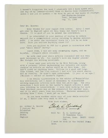 LINDBERGH THE CONSERVATIONIST (AVIATORS.) CHARLES A. LINDBERGH. Three Typed Letters Signed, to Arthur G. Bour...